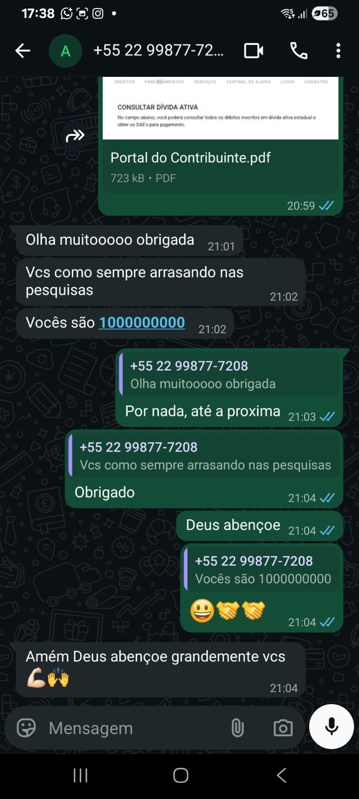 Depoimento de cliente 1 via WhatsApp